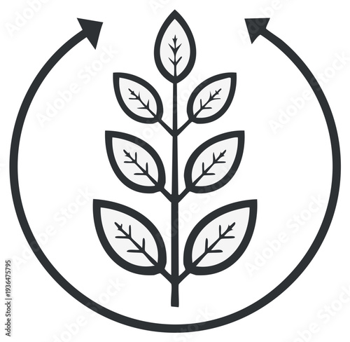 Circular arrow symbol surrounding a stylized plant with multiple leaves representing growth and renewal