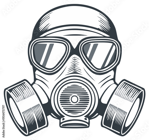 Vintage gas mask illustration in black and white