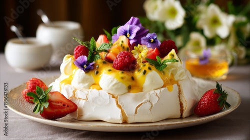 Pavlova topped with fresh fruit and flowers on table