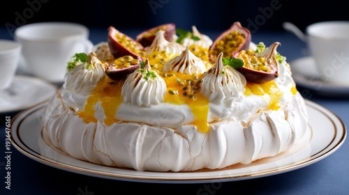 Meringue pavlova with passionfruit and cream on plate