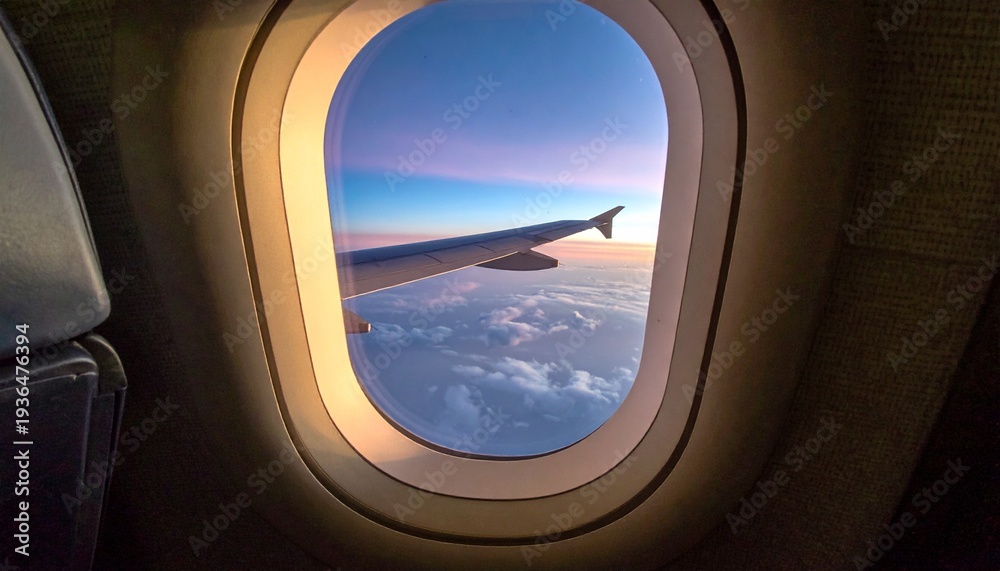 Naklejka premium Airplane window view of wing, clouds, and sky at sunset.