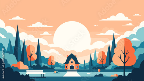 Flat Design Lakeside House & Trees Sunset Landscape Illustration