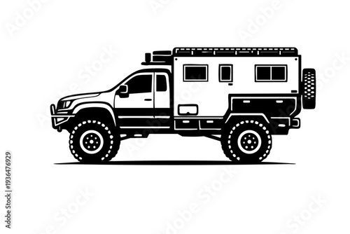 Side profile view of an overland expedition truck showing box-style camper module