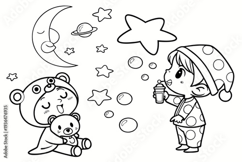 kawaii chibi kids in pajamas, sleepy teddy bear, moon and stars with faces, dream bubbles, cozy bedtime coloring page, bold outlines, no shading, white background, vector line art --style line_art
