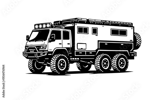 Solid black and white vector illustration of a 6x6 overland expedition truck