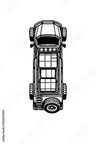 Top-down orthographic view of an overland expedition truck