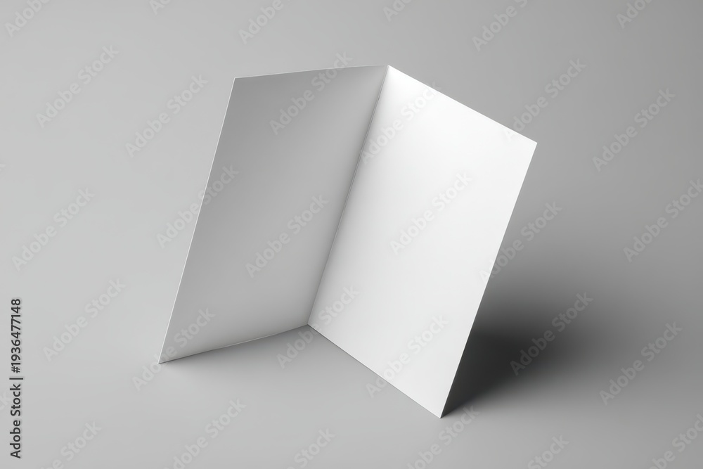 Fototapeta premium Vertical bi-fold brochure card on gray studio surface with soft lighting and clean layout