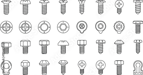 Screws bolts nuts icons set, hardware fasteners tool kit mechanical engineering construction vector line illustration collection