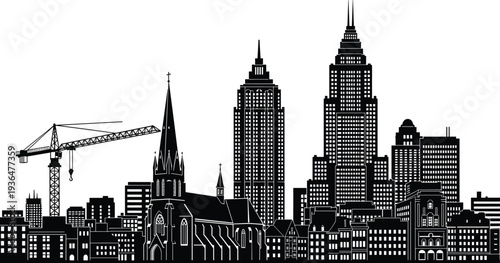 City, skyline, skyscrapers, church, crane, construction, urban, buildings, architecture, downtown, metropolis, development, infrastructure, modern, cityscape, skyline, silhouette, vector, business