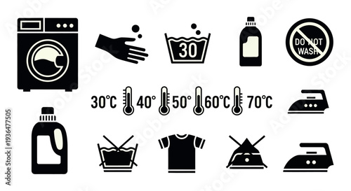 Laundry Care Symbols Icon Set in Solid Glyph Style, Black Silhouette Vector Collection of Washing Machine Hand Wash and Water Temperature Labels Isolated on Light Background