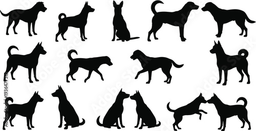 Dog silhouette collection with different poses standing sitting walking playing, domestic pet animal profile set isolated vector illustration