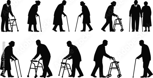 Elderly people silhouette collection walking with cane and walker, senior mobility support and healthcare lifestyle isolated vector illustration