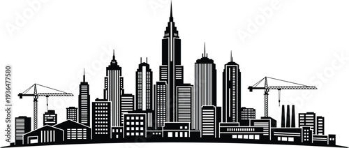 City, skyline, skyscrapers, construction, cranes, urban, buildings, architecture, downtown, metropolis, infrastructure, development, industry, modern, cityscape, silhouette, vector, business, towers