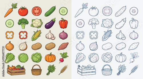 A collection of colorful and line-art illustrations of various fresh vegetables and fruits, including carrots, tomatoes, cucumbers, broccoli, and pumpkins, presented in a grid format.