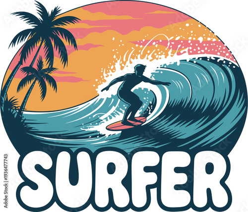 A surfer silhouette rides a large ocean wave against a tropical sunset background featuring palm trees and white lettering.