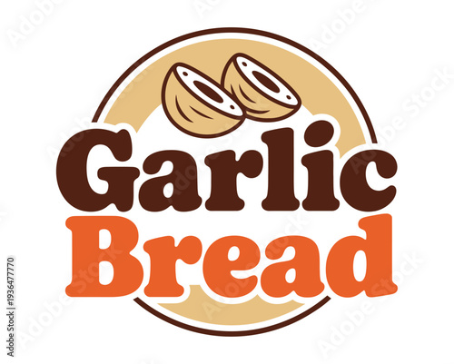 A logo for garlic bread with a cartoonish illustration of garlic cloves.