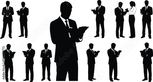 Business people silhouette collection with clipboard reading writing notes corporate office professional team isolated vector illustration