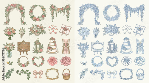 Collection of hand-drawn wedding floral decorations and elements in pink and blue color palettes, including arches, bouquets, cakes, and signage.