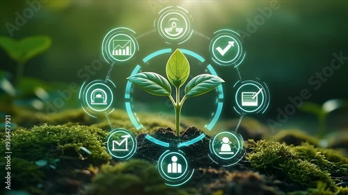 Glowing digital HUD overlay on lush green plant, blending nature and technology for futuristic science, ecology, and innovation visual concepts