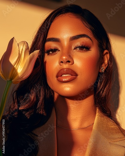 Radiant Young Afro Latina Woman with Delicate Features Holding a Flower in Soft Light