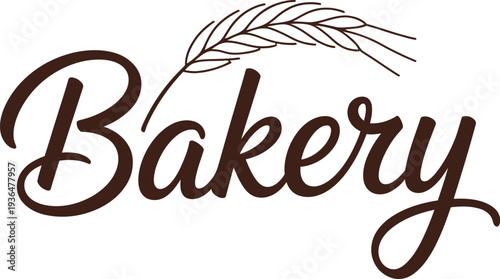 The word Bakery is written in a dark brown script font accompanied by a stylized single wheat stalk graphic above it.