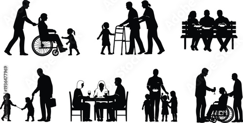 Family care silhouette collection with elderly assistance wheelchair support parenting activities and family dinner scenes isolated vector illustration