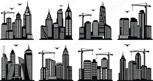 City, skyline, skyscrapers, drones, construction, cranes, urban, buildings, architecture, downtown, metropolis, development, infrastructure, technology, modern, cityscape, silhouette, vector, business