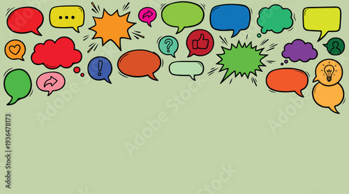 A whimsical collage of colorful speech bubbles and communication icons on a muted green background, evoking a sense of conversation, ideas, and social interaction in a vibrant, artistic display