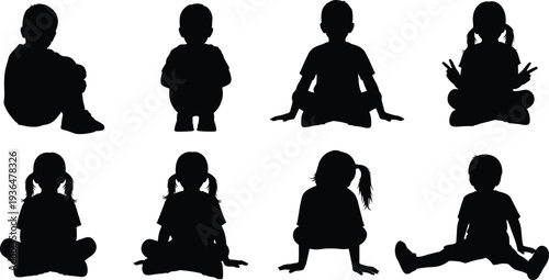 Kids sitting silhouette collection with boy and girl child poses, playful childhood activity isolated children vector illustration set