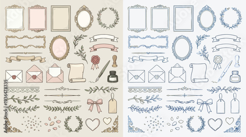 A collection of vintage-style decorative elements including frames, envelopes, ribbons, seals, and floral motifs, presented in two color palettes.