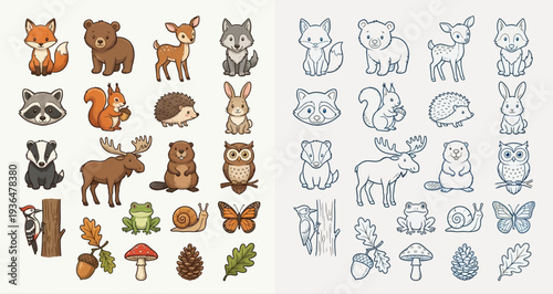 A collection of cute, cartoon-style forest animals and nature elements, presented in both color and outline versions.