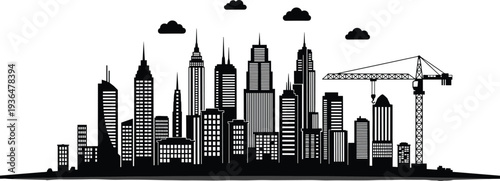 City, skyline, skyscrapers, urban, buildings, construction, crane, architecture, downtown, metropolis, cityscape, infrastructure, development, modern, skyline, silhouette, vector, urbanization