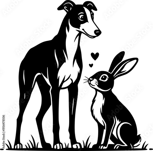 a greyhound dog and a rabbit looking at each other with hearts. Friendship and pet care concept in flat minimalist style.