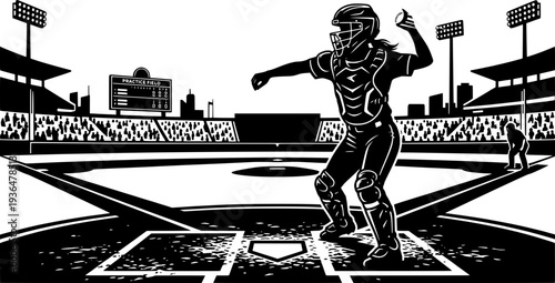 High contrast vector illustration of a baseball catcher throwing the ball in a packed stadium. Dynamic sports action scene in black and white comic book style.