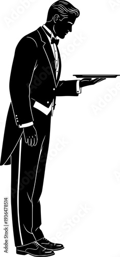 Silhouette vector of a professional waiter or butler in a tuxedo carrying a silver tray. Concept of luxury service, fine dining, hospitality, and elegant gala event staff.