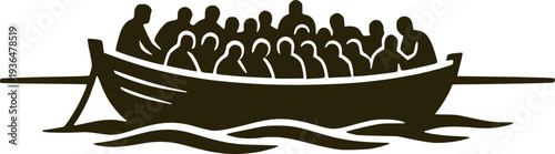Silhouette vector of a crowded small boat with migrants or refugees at sea. Concept of migration crisis, seeking asylum, and human rights on a dangerous maritime journey.