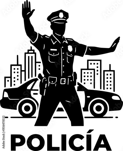 Silhouette vector of a police officer directing traffic in the city. Law enforcement officer in uniform with patrol car and city skyline background. Spanish text "POLICÍA" included.