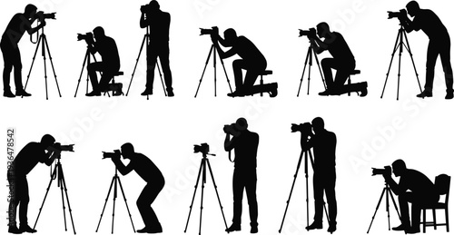 Photographer silhouette collection with camera and tripod shooting photos professional photography studio work isolated vector illustration set