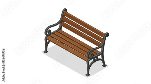 Isometric illustration of a wooden park bench with metal frame, viewed from above, with clean lines