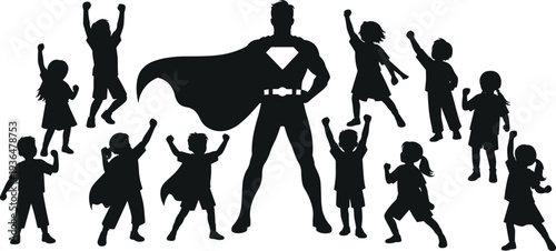 Superhero silhouette with kids raising hands showing power inspiration and leadership concept children hero imagination vector illustration