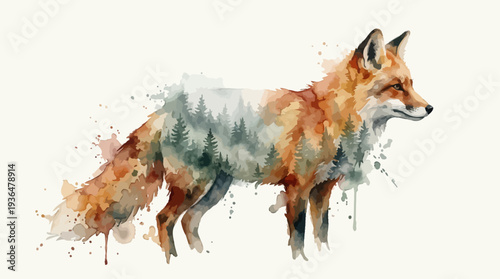 Watercolor Fox Double Exposure Forest Illustration – Artistic Wildlife Nature Painting