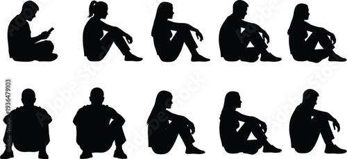 Silhouette people sitting poses, black human figures, contemplative body language, modern illustration design, relaxed seated positions, smartphone user silhouette