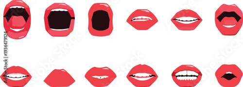 Stylized mouth expressions, phonetic lips illustration, cartoon mouth shapes, speech animation reference, linguistics art design, character talking emotions, vector mouths