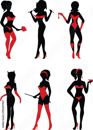 Stylized women silhouettes, provocative fashion illustration, red and black outfits, theatrical poses, accessories whip rose drink, bold graphic design art
