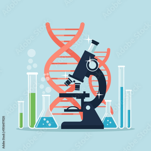 Microscope and DNA helix, science, research, biotechnology, laboratory equipment, medical research, genetic engineering