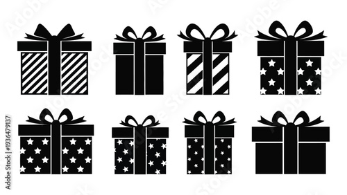 A collection of black and white gift boxes with various patterns