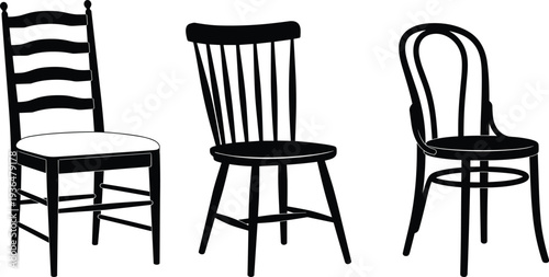 Traditional wooden chair collection, ladder-back cushioned seat, spindle-back solid design, bentwood round seat, vintage furniture styles, classic seating comparison