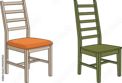 Wooden chairs illustration, ladder back design, cushioned seat furniture, painted frame chair, ergonomic seating vector, classic home decor interior