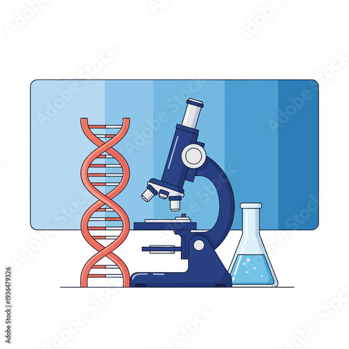 Microscope, DNA helix, and Erlenmeyer flask on a blue background - science and research concept