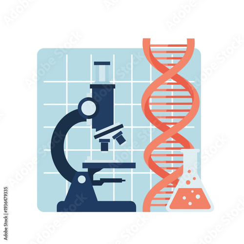 Microscope, DNA helix, and Erlenmeyer flask on a grid background, symbolizing science and research